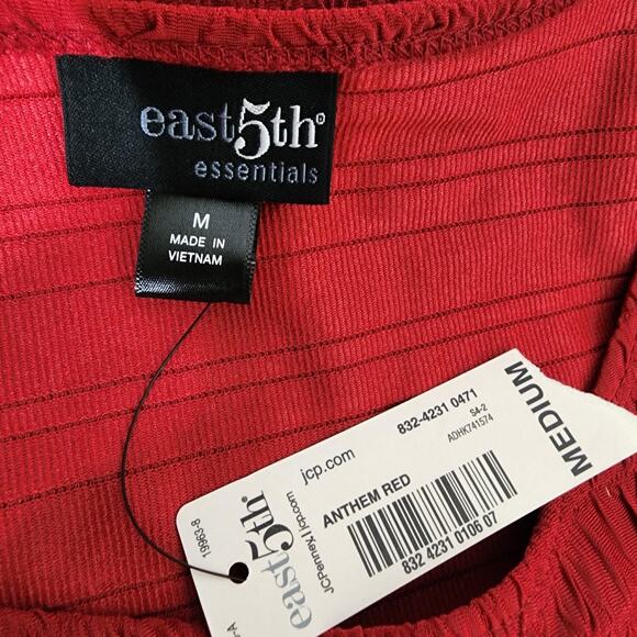 East 5th Womens Top Textured Stretch Red Blouse Short Sleeve Round Neck Medium - Picture 7 of 9